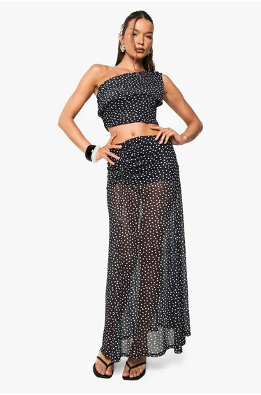 Polka Dot Mesh Ruched Maxi Skirt