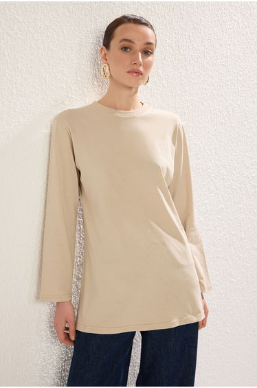 Tan Beige Long Sleeve Slit Detailed Knitted T-Shirt