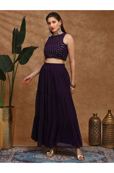 Women Sequined Georgette Crop Top and Tiered Skirt Fusion Co-Ords