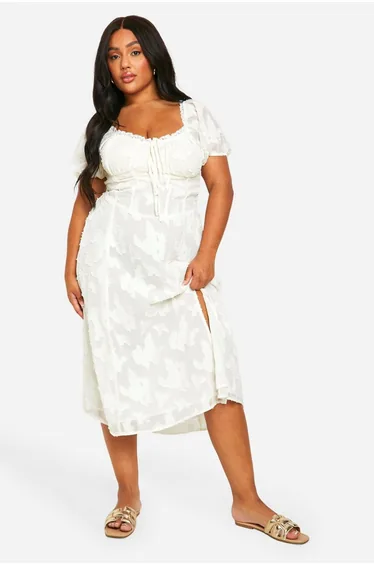 Plus Burnout Milkmaid Midi Dress - white