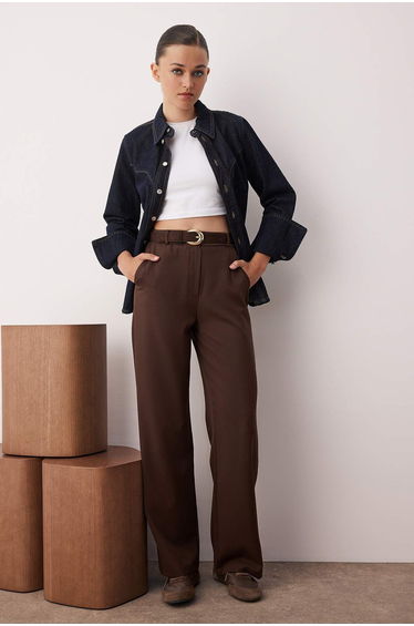 Dark Brown Wide Leg Woven Fabric Trousers