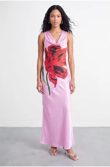 Floral Placement Print Racer Neck Satin Maxi Dress