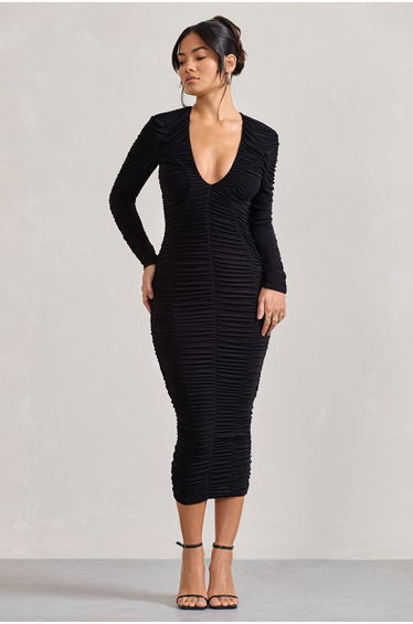 Elisabeth | Black Mesh V-Neck Long-Sleeved Dress