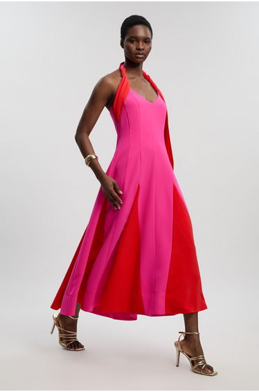 Petite Soft Tailored Colour Block Detail Halter Neck Maxi Dress