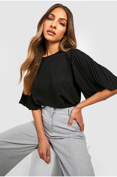 Pleat Sleeve Woven Blouse - black