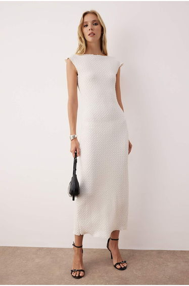 Ecru Textured Fabric Fitted/Fits the Body Moon Sleeve Flexible Knitted Midi Pencil Dress