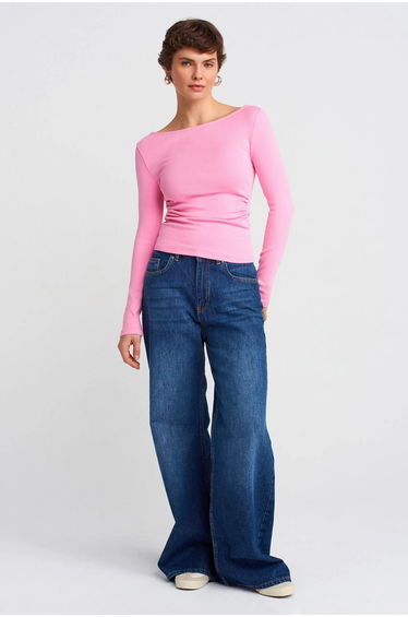 Dilvin Slim Fit Ribbed Boat Neck Blouse