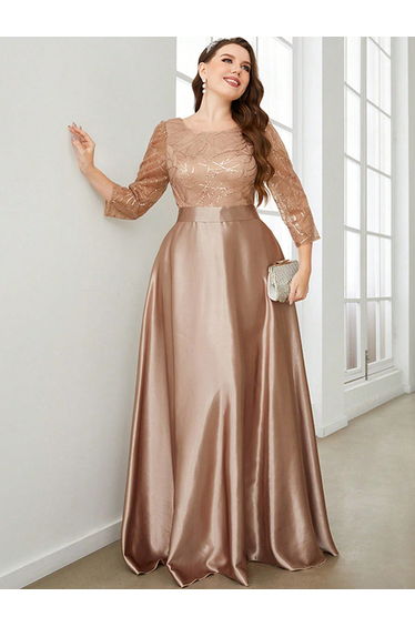Leely Plus Women's Elegant Round Neck Long Sleeve A-Line Dress