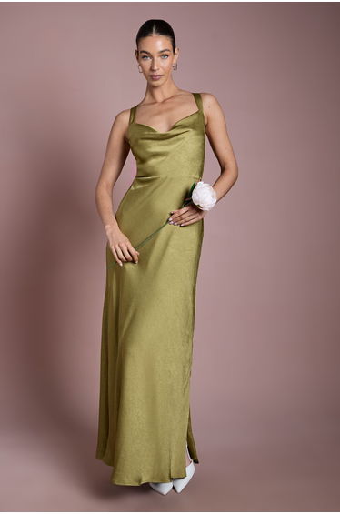 Olive Cross Shoulder Tie Back Satin Maxi Bridesmaid Dress