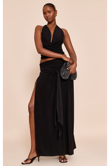 Black Double Layer Slinky Knot Drape Maxi Skirt