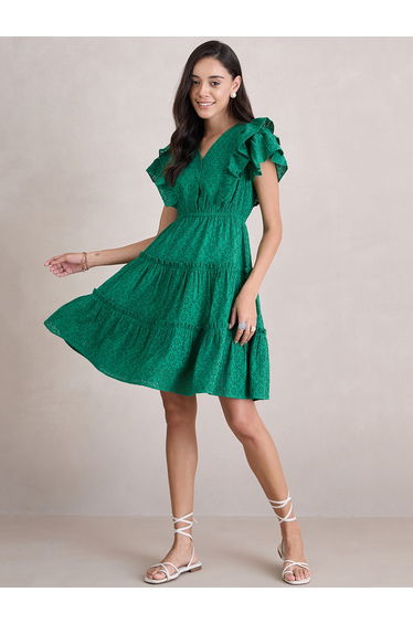 Schiffli Ruffled Sleeve Tiered Mini Dress
