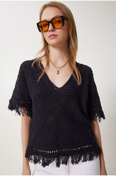 Women's Black V Neck Openwork Seasonal Knitwear Blouse
