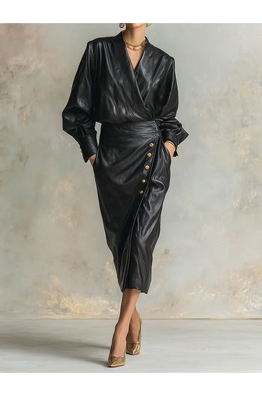 Long Sleeves Puff Sleeves Buttoned Pleated Solid Color V-Neck Midi Dresses