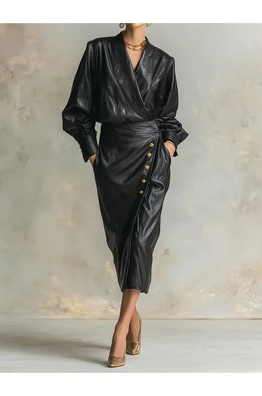 Long Sleeves Puff Sleeves Buttoned Pleated Solid Color V-Neck Midi Dresses