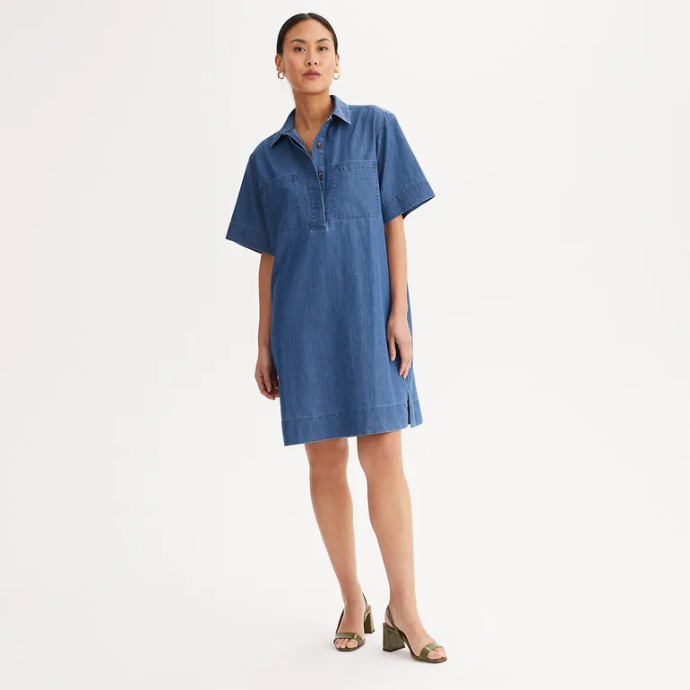 Straight Mid-Length Light Denim Dress with Short Sleeves