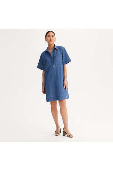 Straight Mid-Length Light Denim Dress with Short Sleeves