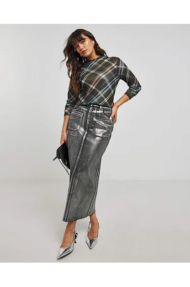 توب سمبلي بي بقماشه الميش بطبعة كاروهات بأكمام طويلة