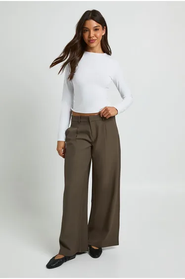 Pleat Front Wide Leg Tailored Trousers - khaki