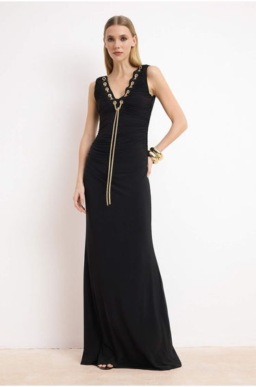 Black Accessory Detailed Knitted Maxi Evening Dress & Graduation Dress