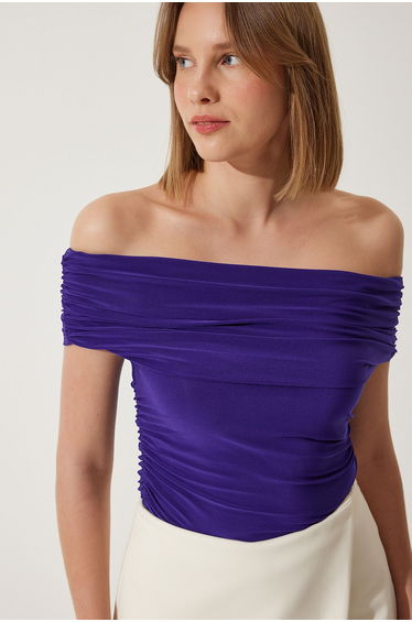 Women's Purple Gathered Open Shoulder Sandy Blouse