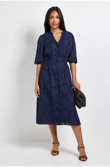 Petite Floral Jacquard Button Midi Dress