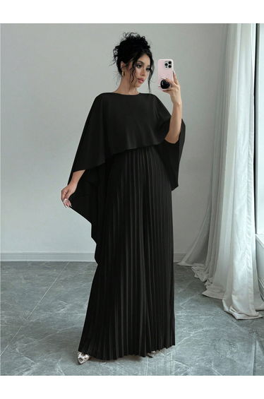 Women Black Pleated Maxi Dress with Cape Sleeves