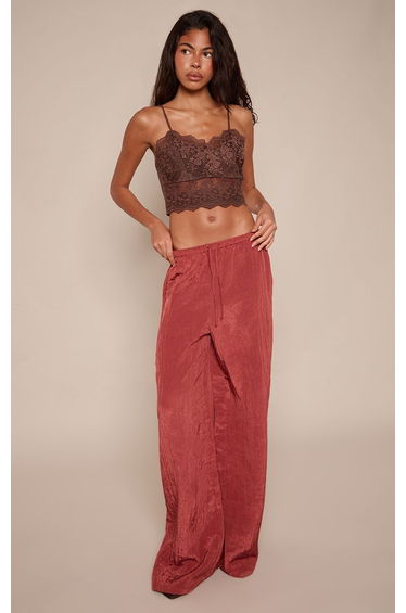 Rust Crinkle Satin Drawstring Low Rise Trousers