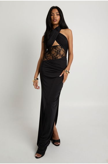 Halter neck Lace Insert Maxi Dress - black