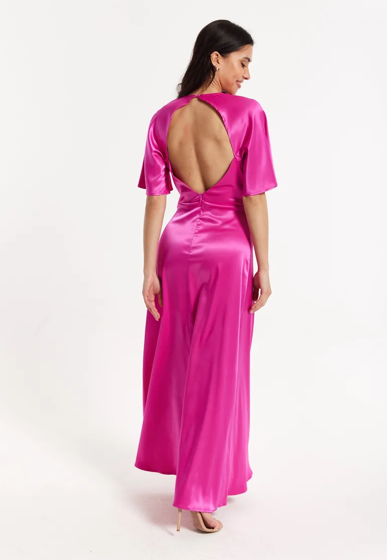 Hot Pink Satin Maxi Wrap Dress with Flutter Sleeves Liquorish Pink :  Evening Dresses : VogaCloset Oman