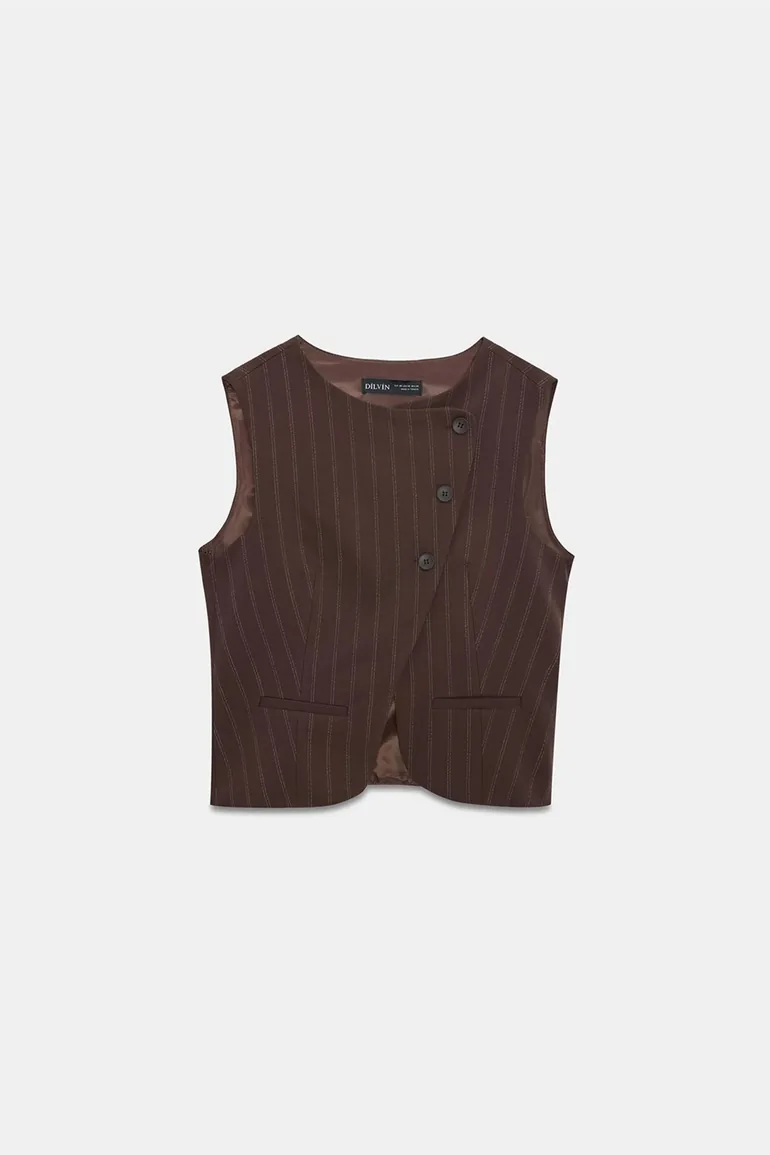 Dilvin Striped Woven Waistcoat With Buttons - 4