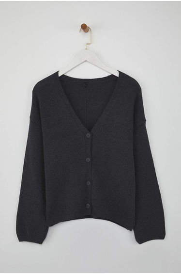 Anthracite Cotton Blend Basic Wide Pattern Knit Cardigan