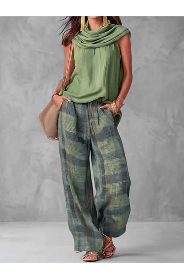 Loose Sleeveless Detachable Pleated Solid Color Halter-Neck Scarf + Tank Top Two Pieces Set