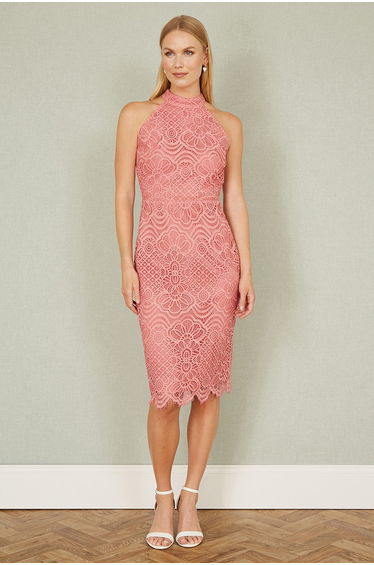 Yumi Pink Lace Halter Neck Dress -