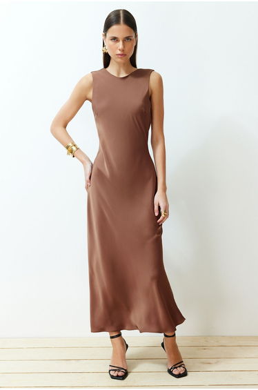 Brown Back Detailed Satin Woven Dress