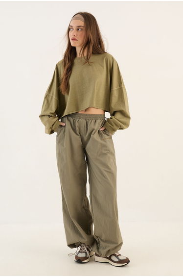 DSGN Studio Heavyweight Washed Oversized Long Sleeve Crop T-Shirt - washed khaki
