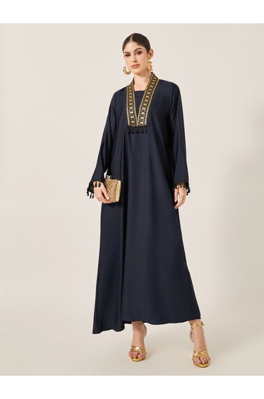 Lace Detail V-Neck Flared Jalabyia with Tassels Detail