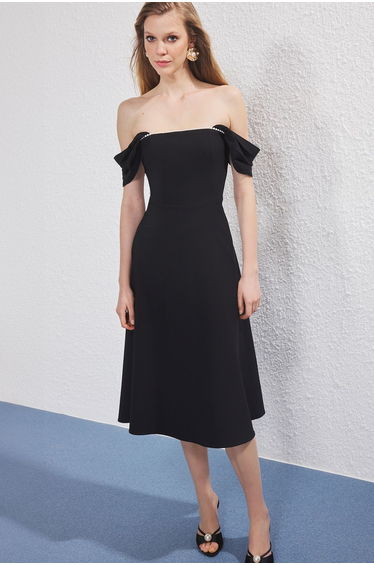 Black Pearl Detailed Waist Opening Woven Midi Evening Night Graduation Dress
