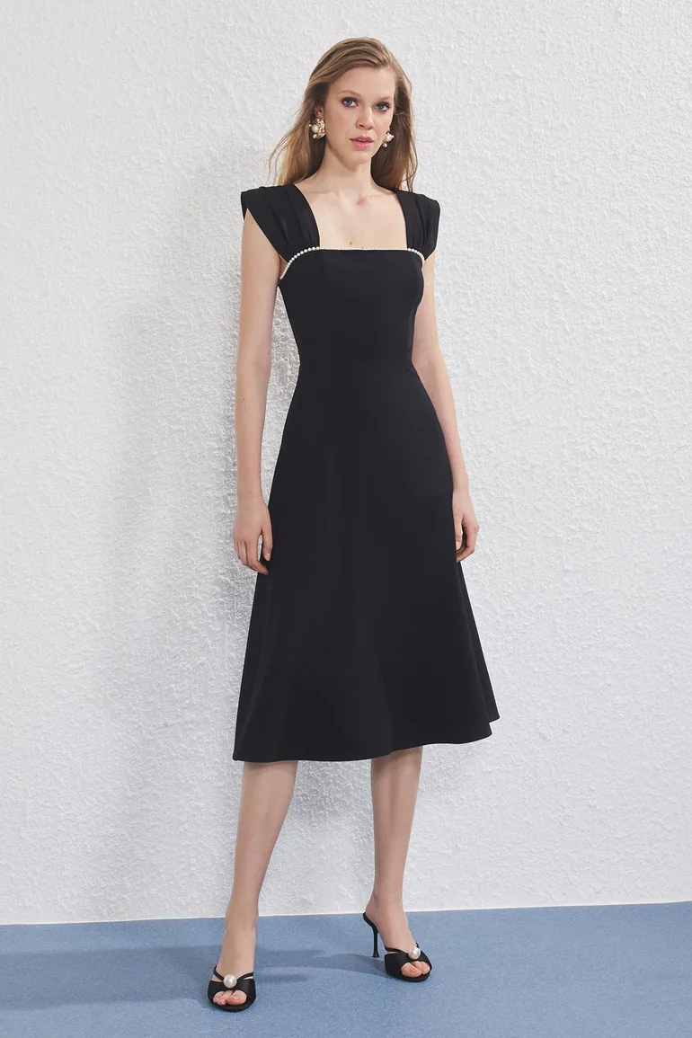 slim fit dress slacks Wedtrend Women Strapless Graduation Dress Simple A Line Midi Black Tie Dress, Black / US20W