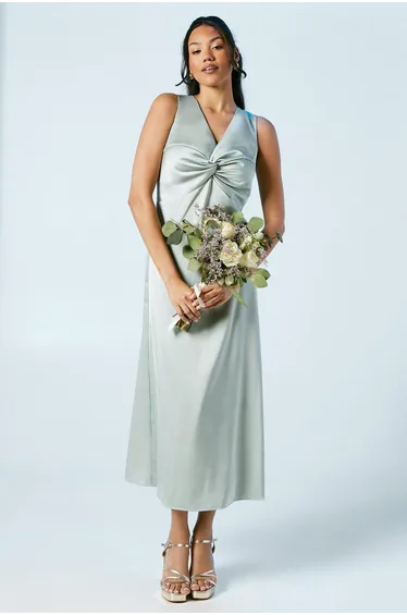 Twist V Neck Tie Back Satin Bridesmaids Dress
