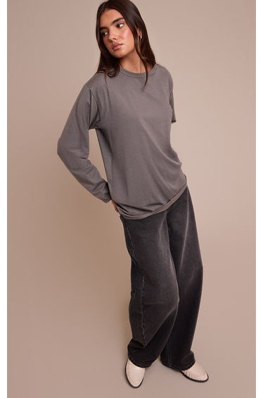 Charcoal Cotton Basic Oversized Long Sleeve T-shirt