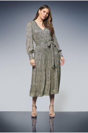Animal Metallic Tie Waist Midi Dress