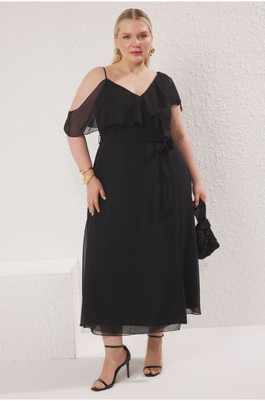 Black Chiffon Ruffle Midi Woven Plus Size Dress