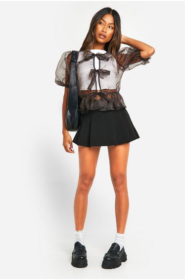 Organza Micro Leopard Print Tie Front Puff Sleeve Top - leopard