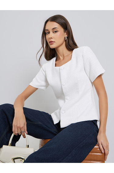 Off White Tweed Look Buttoned Top