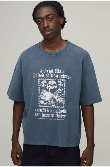 Oversized Waffle Gothic Print Short Sleeve T-shirt - charcoal