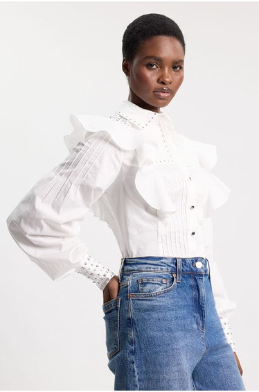 Cotton Sateen Drama Sleeve Studded Woven Maxi Shirt