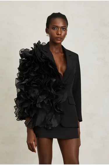 Justine Black Ruffled Tulle Panel Blazer