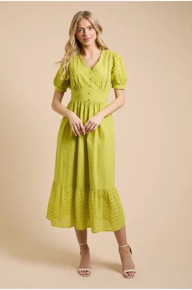Broderie Lace Trim Puff Sleeve Tiered Poplin Maxi Dress