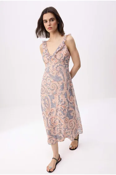 Powder Shawl Patterned Chiffon Lined Maxi Woven Dress