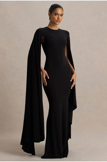 Briony | Black High-Neck Maxi Dress With Cape Sleeves